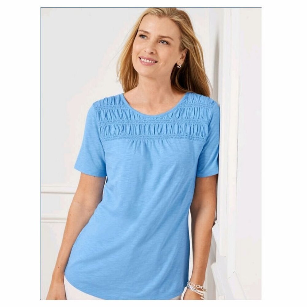 Talbots Women's Tee Size 2XP Splash Blue Crew Neck Smocked Curved Hem